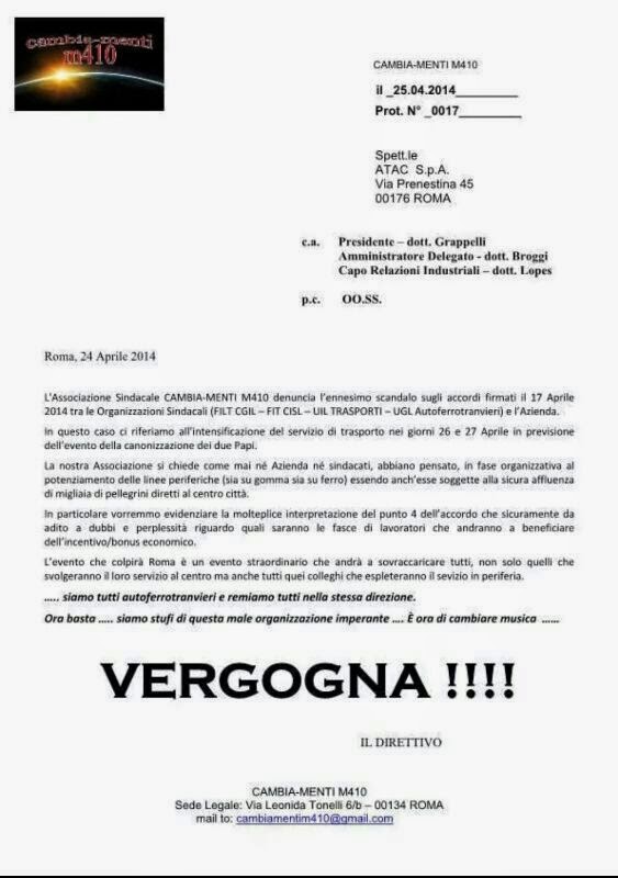 Nota Cambia-Menti su accordo Sindacati Atac per la Canonizzazione Papi