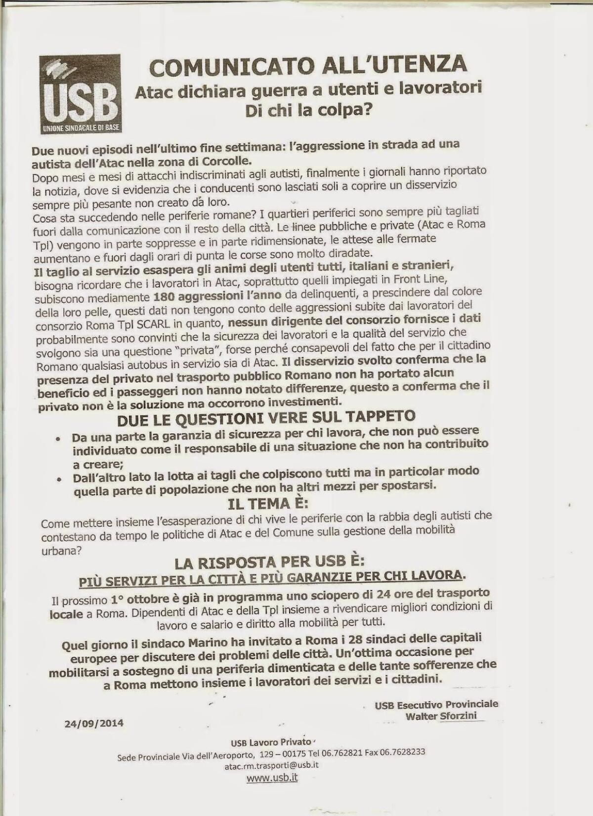 Sciopero di Mercoledì 1 ottobre 2014 - 