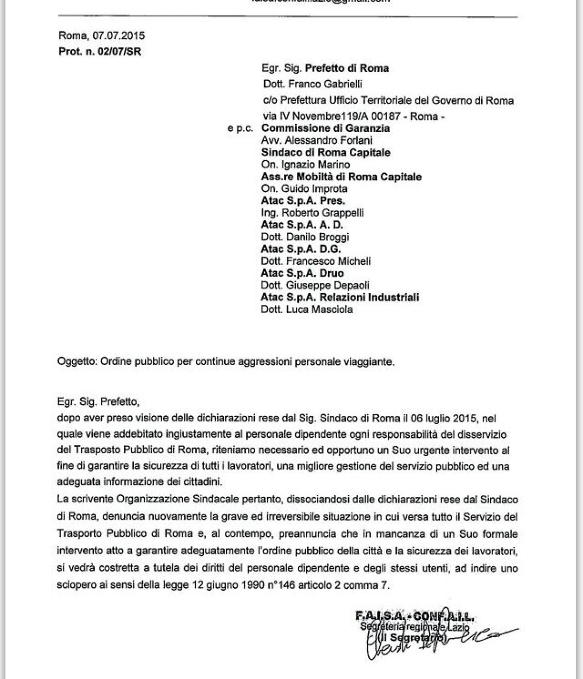 Il sindacato richiede un intervento al Prefetto - 