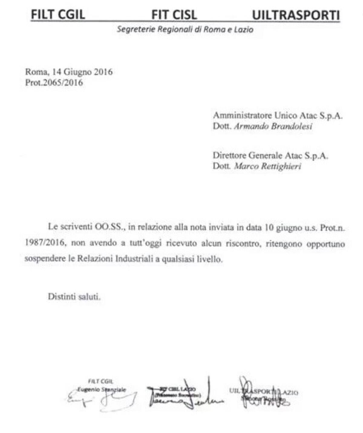 Atac e le Relazioni industriali sospese - 