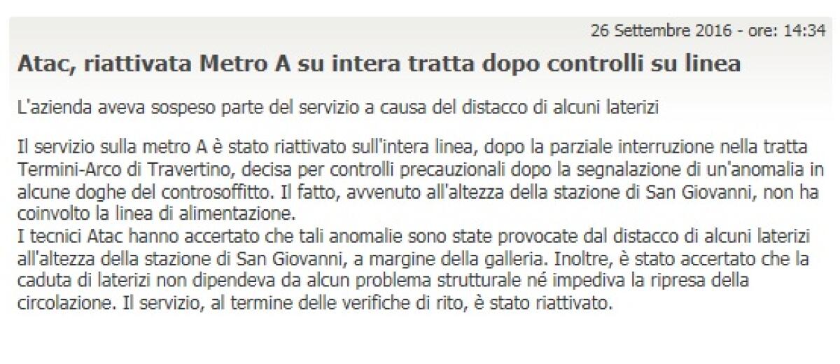 Il comunicato sul crollo a San Giovanni ed il blocco della Metro A - 