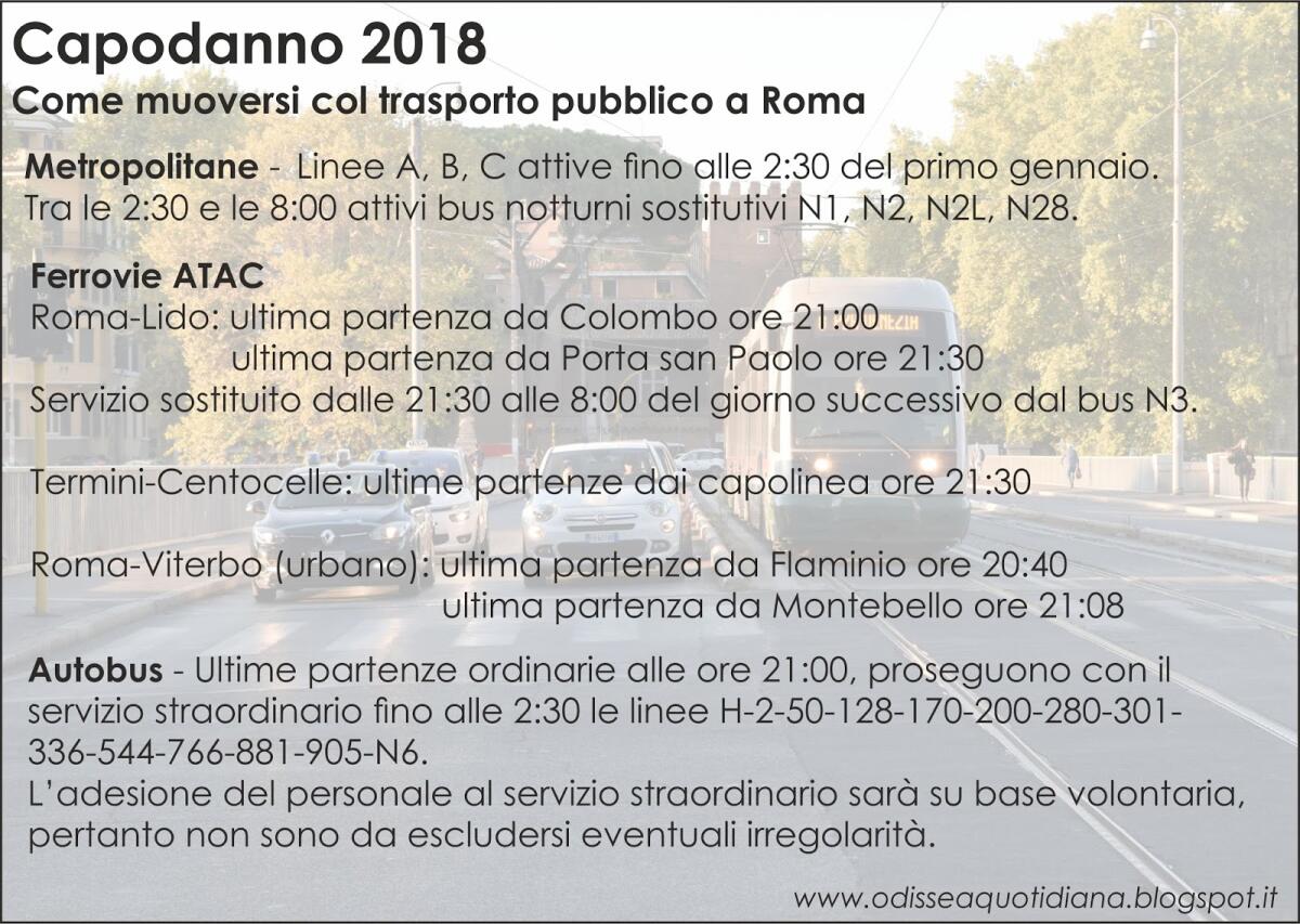 Gli orari del trasporto pubblico nel capodanno 2018 - 