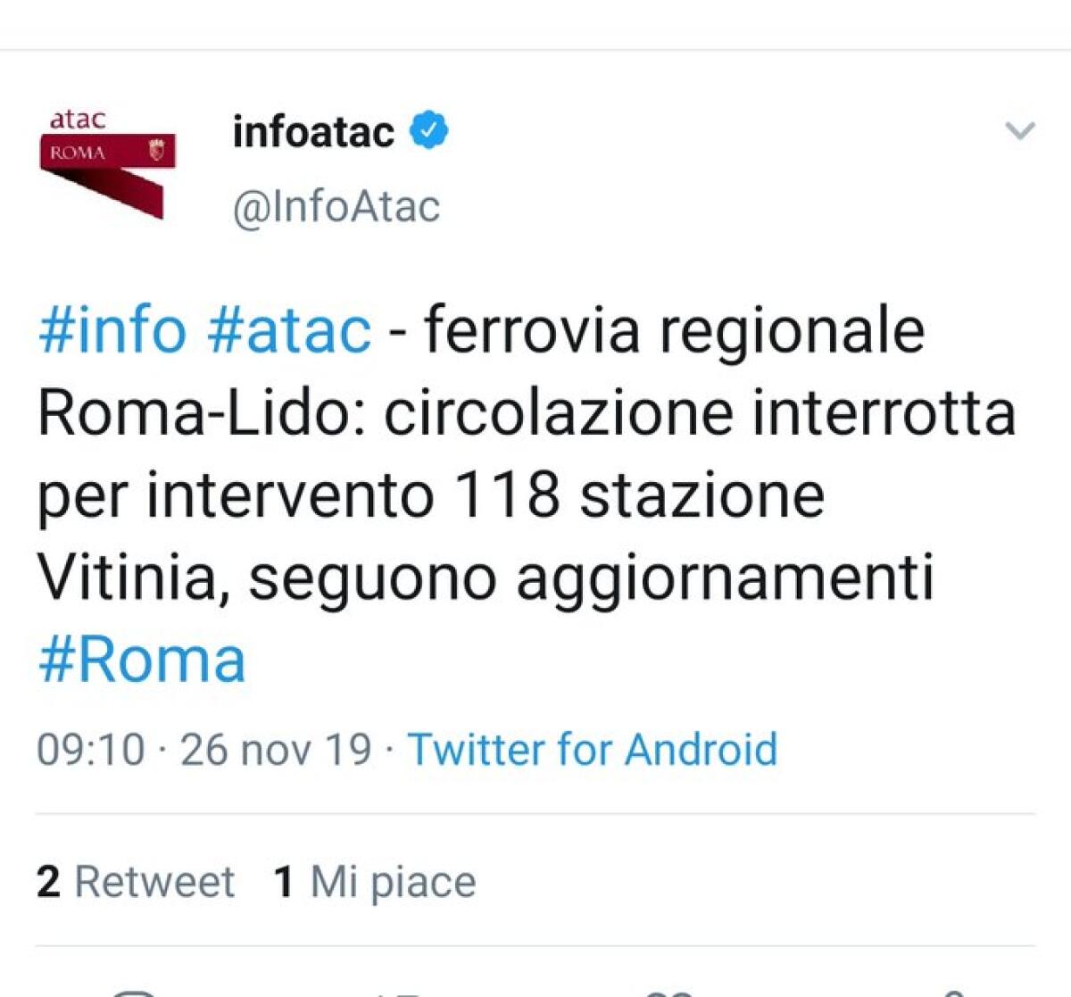 Situazione del trasporto pubblico di Roma di martedì 26 novembre - 
