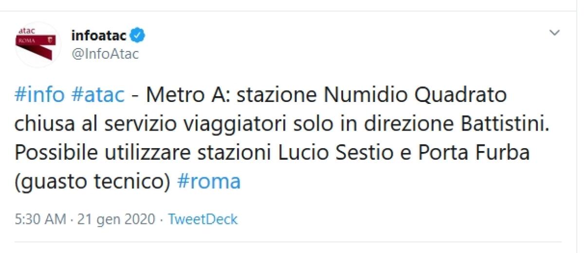 Situazione del trasporto pubblico di Roma di martedì 21 gennaio - 