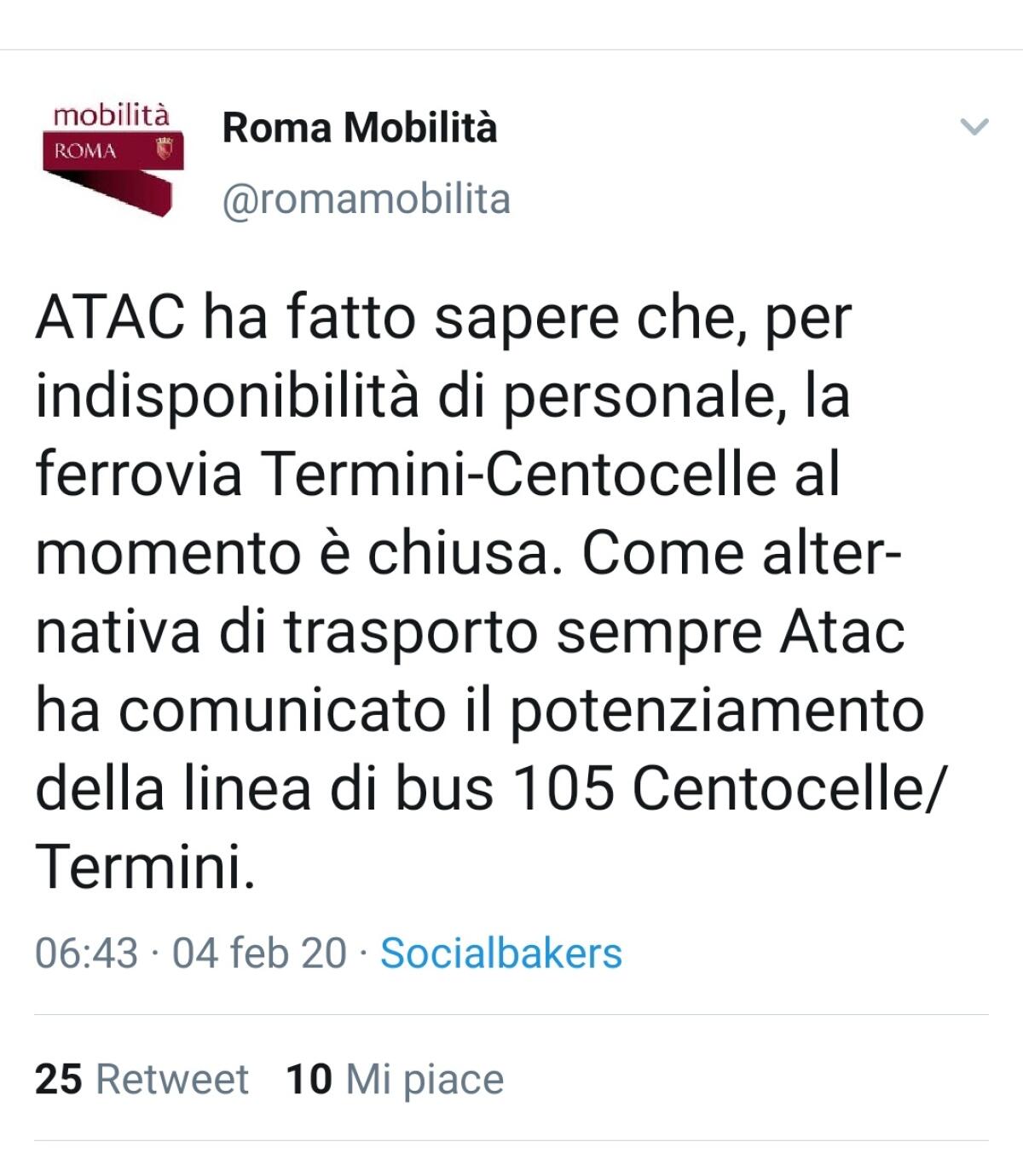 Situazione del trasporto pubblico di Roma di martedì 4 febbraio - 