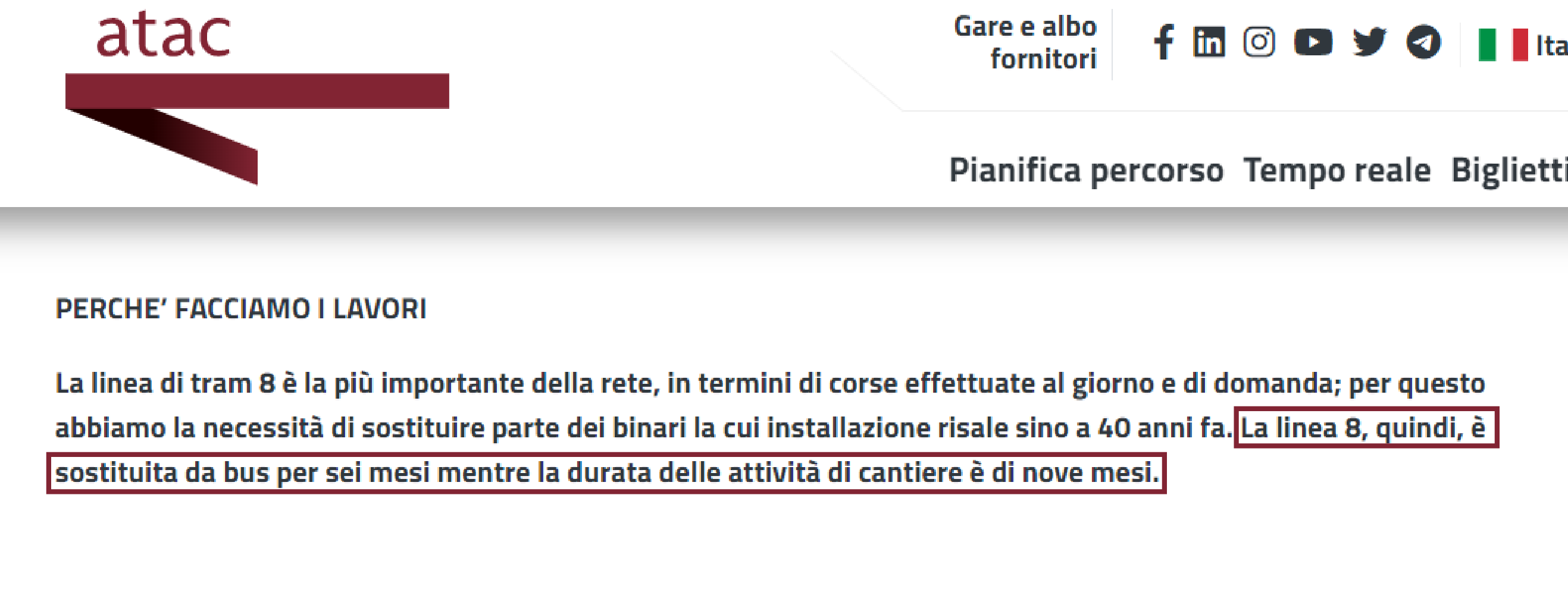 immagine della pagina dedicata del sito ATAC