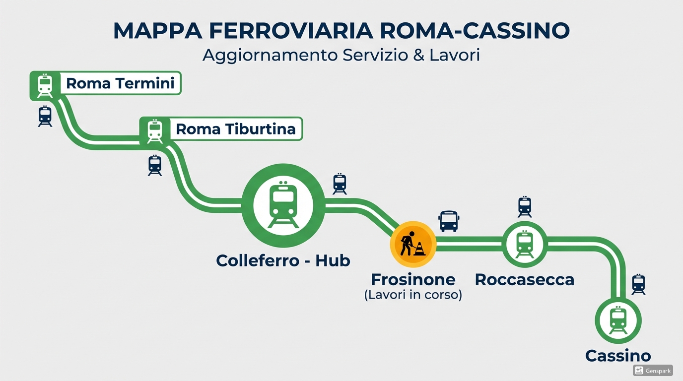 Stazione ferroviaria di Frosinone durante i lavori al sovrappasso pedonale, febbraio 2026, con bus sostitutivi per la tratta Roma-Cassino